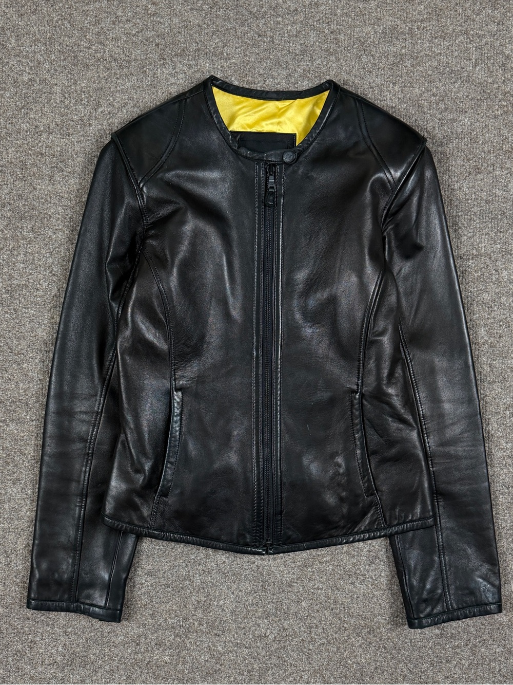 Vintage Andrew Mark Black Leather Collarless Short Fitted Jacket Women’s XS 90s